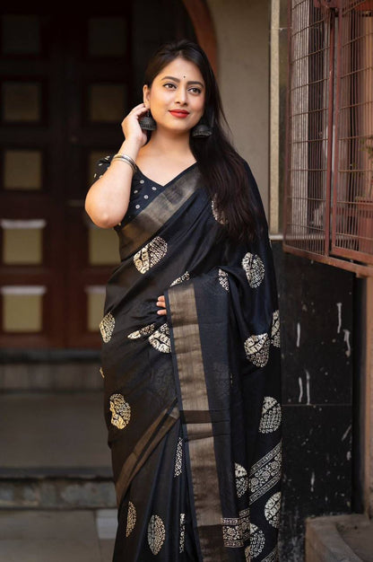 Enchanting Soft Cotton Crepe Saree black