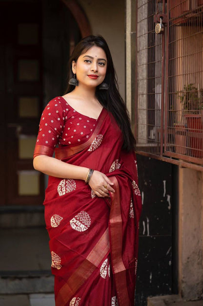 Soft Cotton Crepe Saree Red