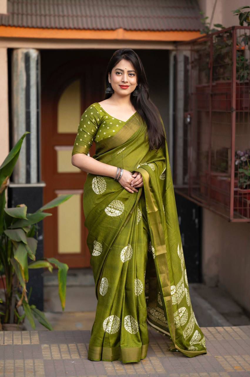 Soft Cotton Crepe Saree Green