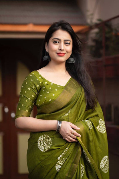 Soft Cotton Crepe Saree Green